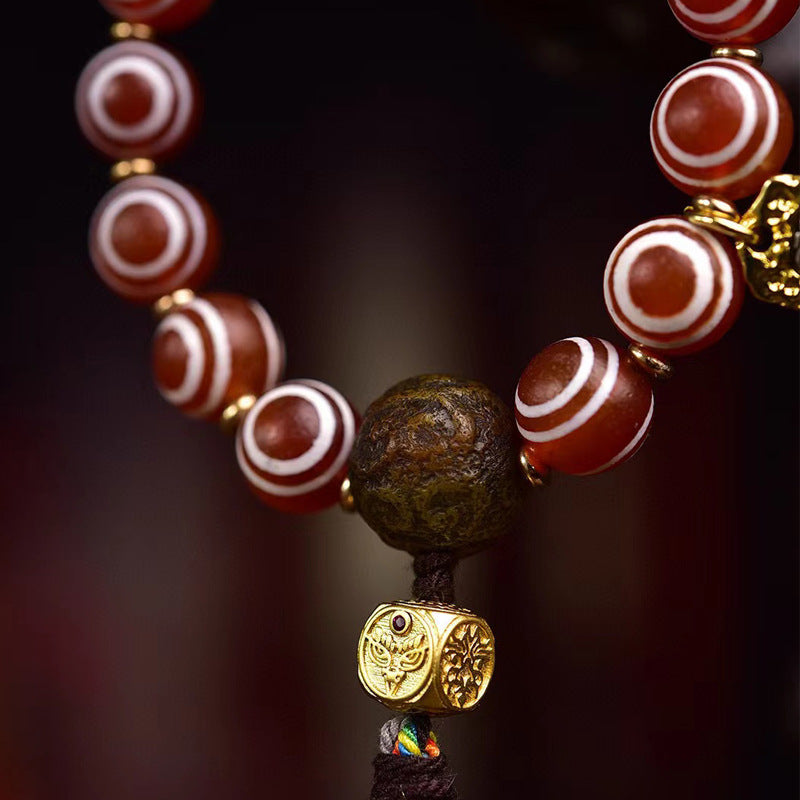 Natural Agate Medicine Buddha Eye Dzi Bead Bracelet | Tibetan Style Vintage Prayer Mala Single Strand