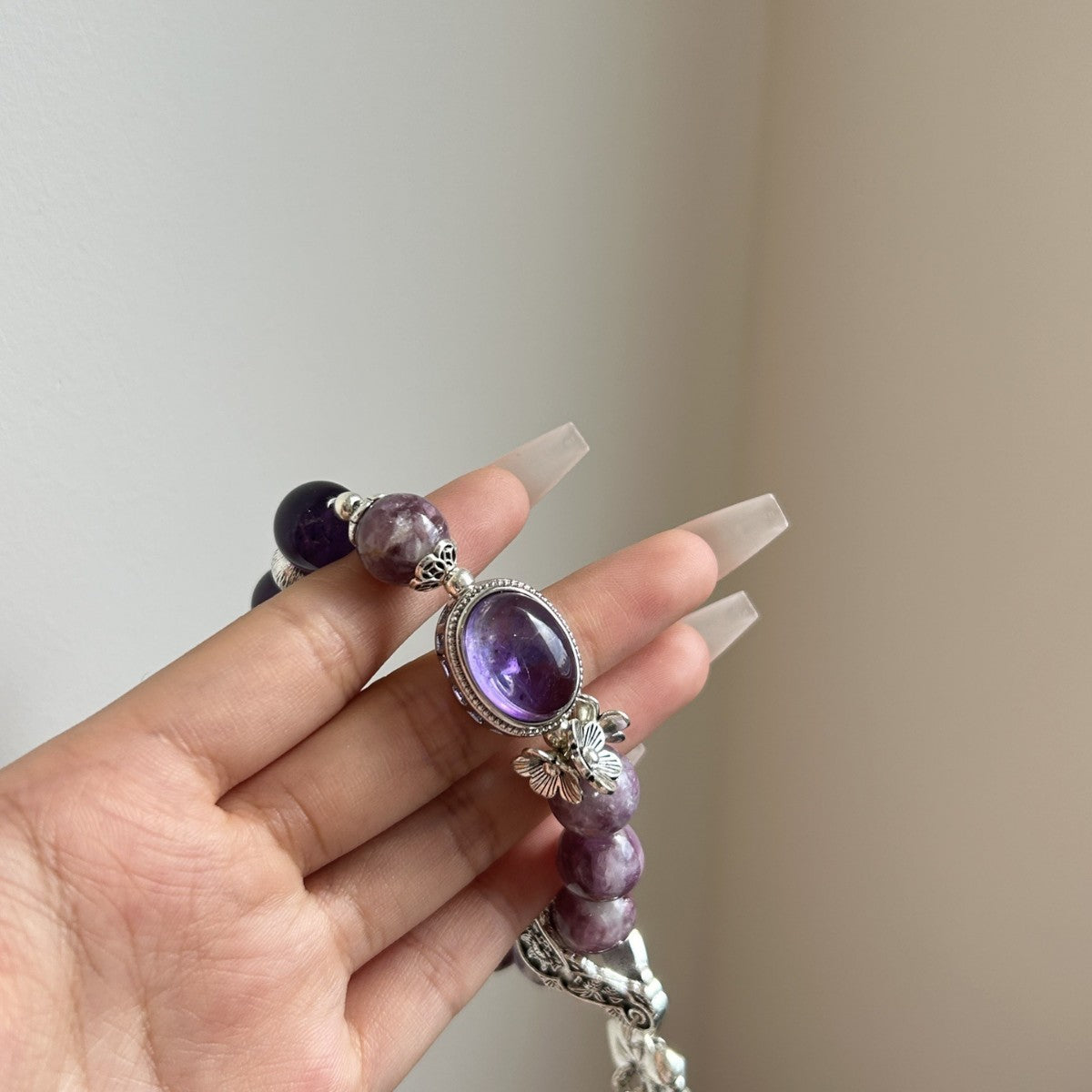Dansenmonk Vintage Amethyst Lepidolite Bracelet Natural Purple Crystal Nine Purple Fire Luck Healing Beaded Bracelet with Antique Copper Charms Calming Spiritual Gift for Women