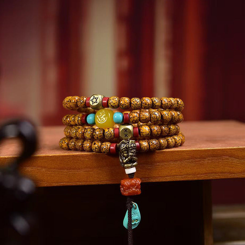 Dansenmonk Vintage Natural Hainan Star Moon Bodhi 108 Mala Bracelet with Agate & Turquoise Charms