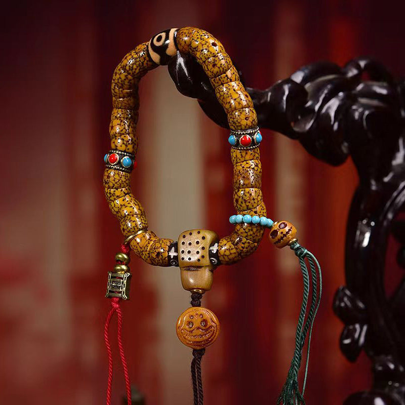 Natural Hainan Xinyue Bodhi Mala Bracelet | Vintage Crescent Moon Star Bodhi Tube Bead Tibetan Style Prayer Bracelet