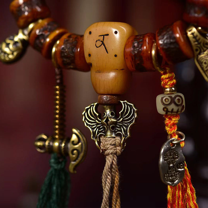 Tibetan Vintage Yak Bone Mala Bracelet  Aged Barrel Bead Prayer Beads with Bone Guru Bead & Brass Charms