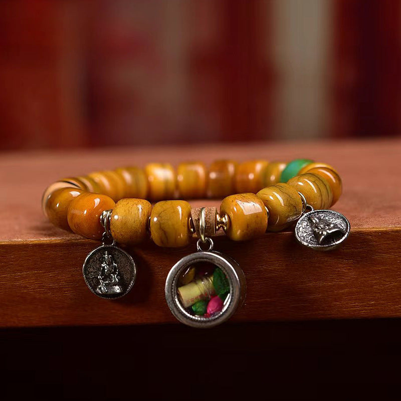 Tibetan Vintage Camel Bone Mala Bracelet | Dzi Bead, Agate & Fox Bone Charm, Single Loop Prayer Bracelet 10*8mm