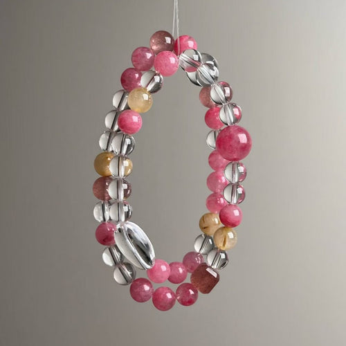 Double Strand Rhodonite Strawberry Quartz Crystal Bracelet - Angle View