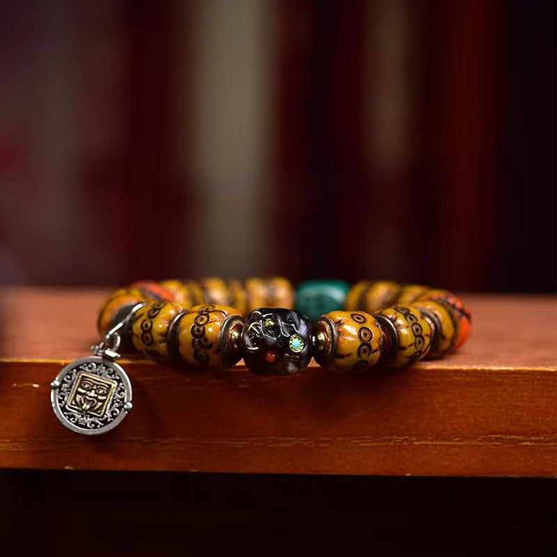 Tibetan Collected Yak Bone Barrel Bead Bracelet, Hand Carved Citipati Skull Mala with Silver Inlay, Vintage Himalayan Single Loop Prayer Bracelet