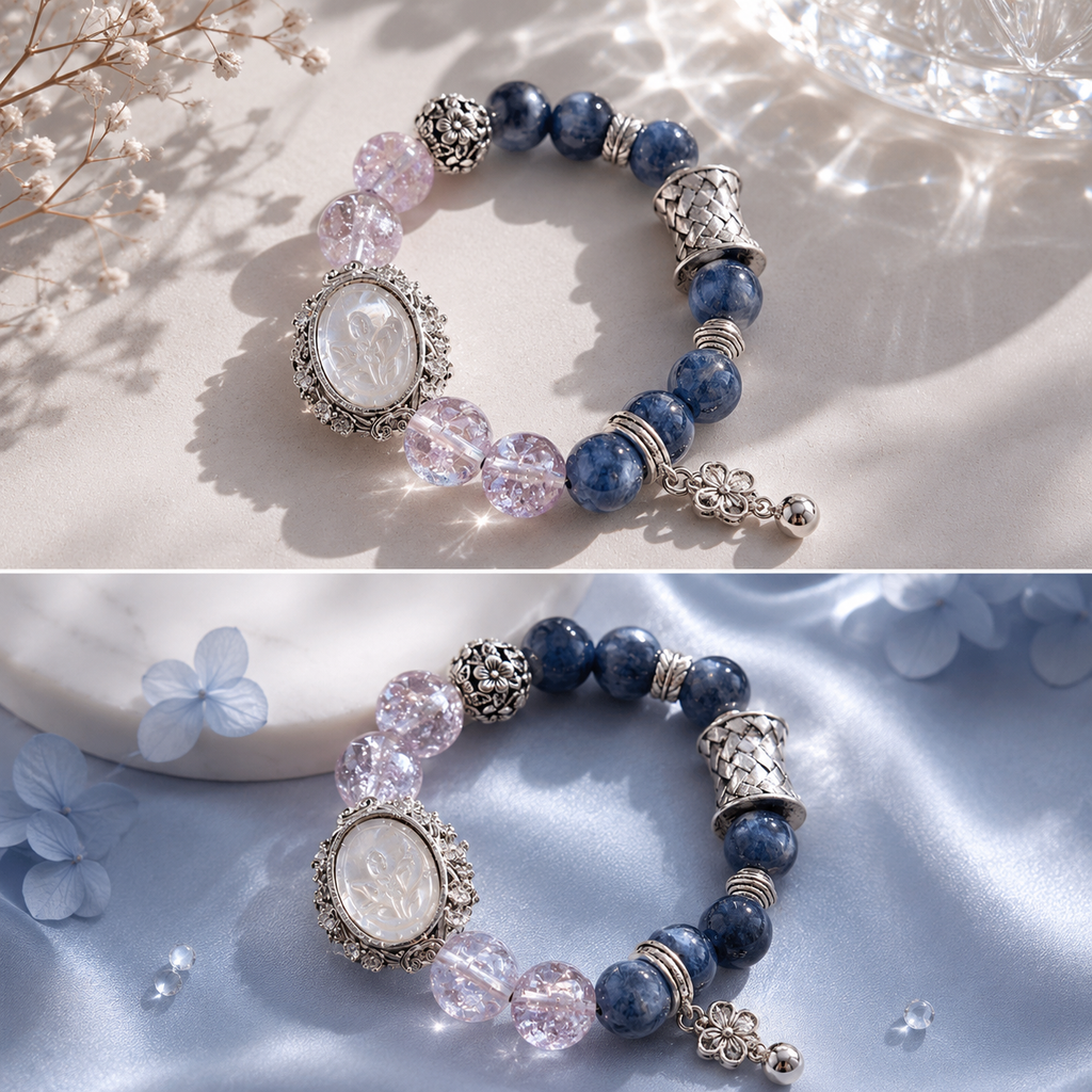 Dansenmonk Natural Amethyst & Blue Kyanite Bracelet with Mother of Pearl | Multi-Stone Crystal Beaded Bracelet