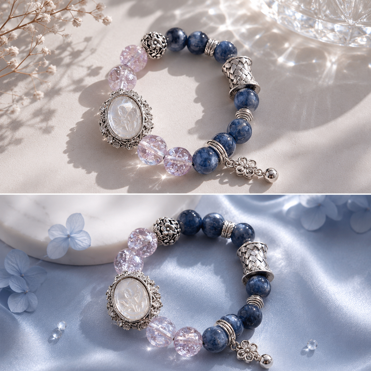 Dansenmonk Natural Amethyst & Blue Kyanite Bracelet with Mother of Pearl | Multi-Stone Crystal Beaded Bracelet