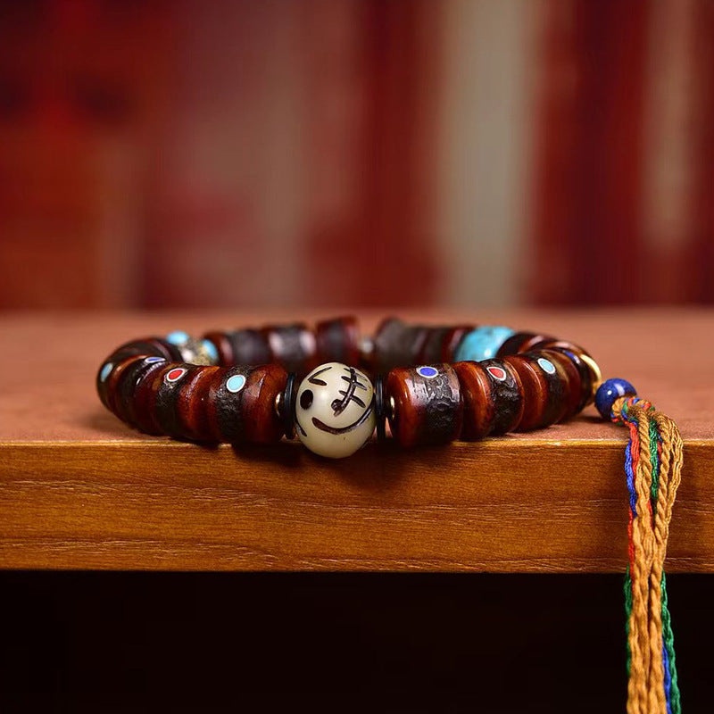 Tibetan Vintage Yak Bone Mala Bracelet | Inlaid Multi-Gem Barrel Beads, Old Collected Himalayan Prayer Bracelet 12*8mm
