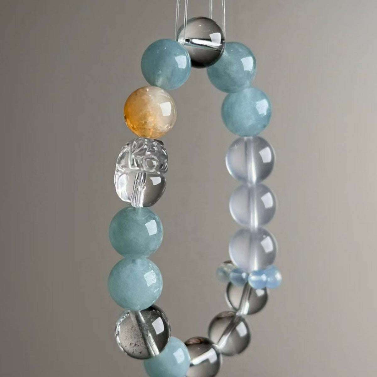 Natural Aquamarine Clear Quartz Pixiu Bracelet - View 3
