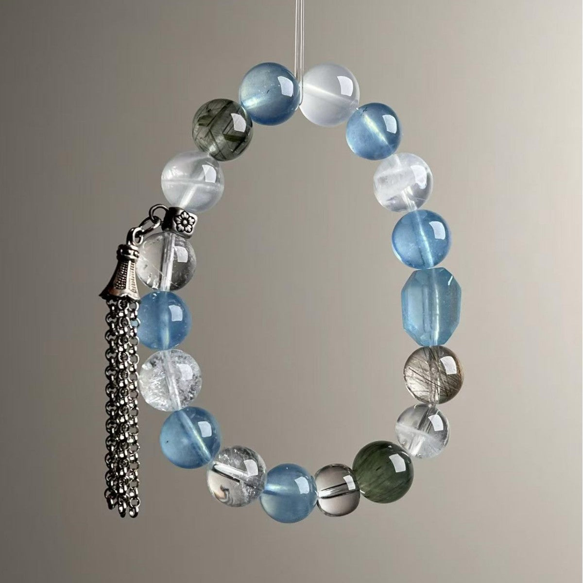 Natural Aquamarine Multi-Stone Bracelet 10mm with Vintage Tassel Charm - View 3