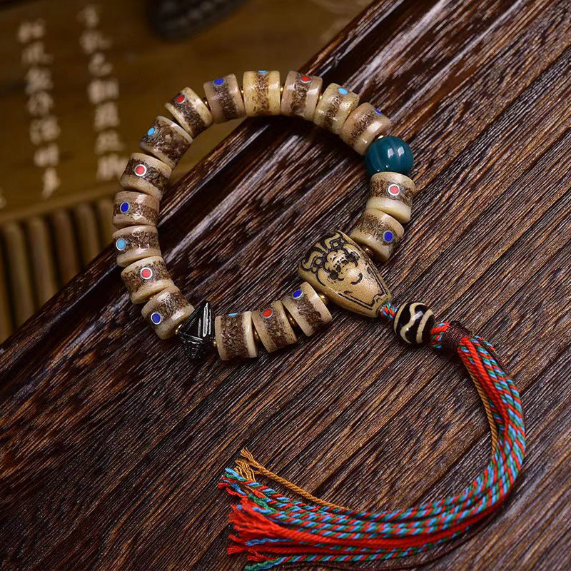 Tibetan Vintage Yak Bone Single Loop Bracelet, Barrel Beads with Multi-Color Stone & Silver Inlay, Himalayan Reclaimed Bone Mala with Tassel