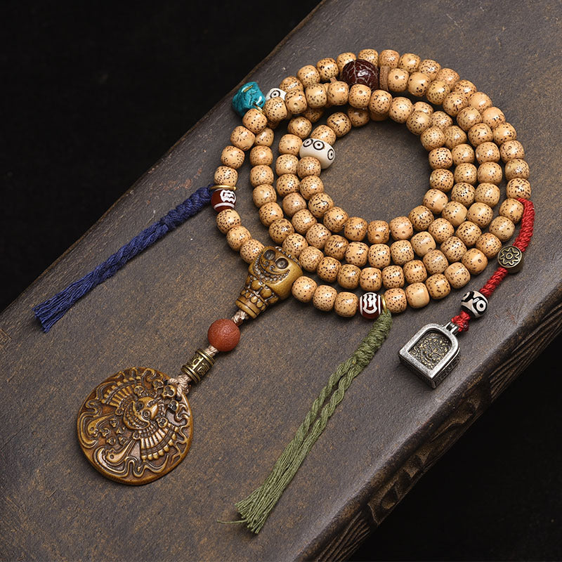 Dansenmonk Tibetan Butter Yellow Star Moon Bodhi 108 Mala | Ethnic Prayer Bead Necklace Bracelet