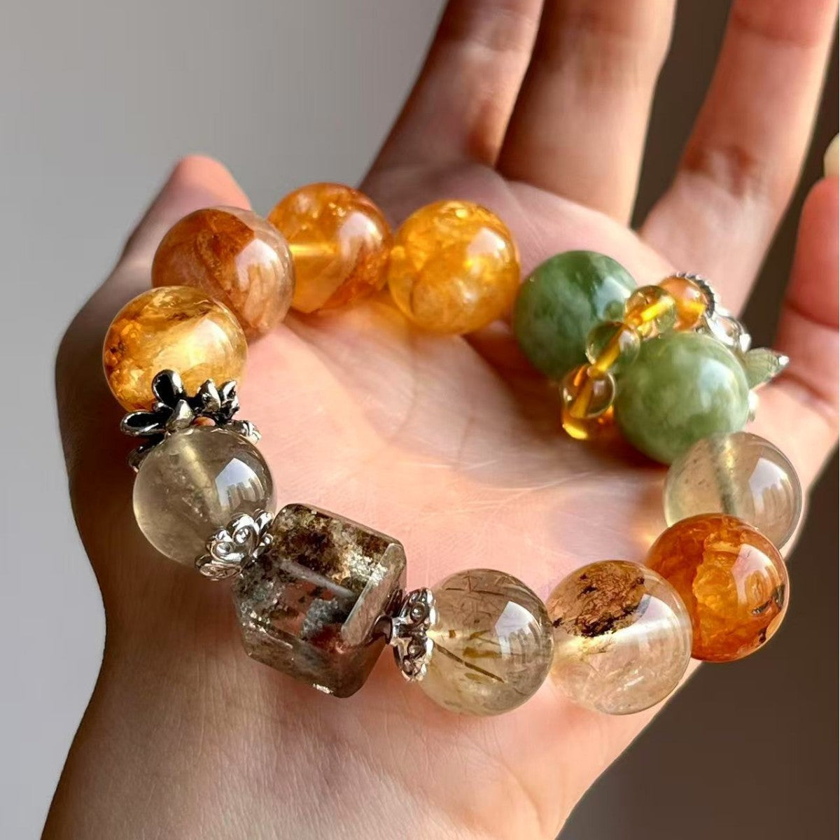 Dansenmonk 16mm Large Grain Natural Yellow Hematoid Phantom Crystal Bracelet Wealth Guardian Energy Stone For Taurus Capricorn Aries Women Luxury Wrist Jewelry