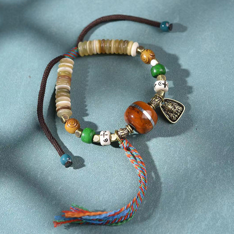 Tibetan Antler Bead Bracelet | Hand-Woven Adjustable Mala with Gau Box Buddha Pendant, Vintage Ethnic Stackable Bracelet