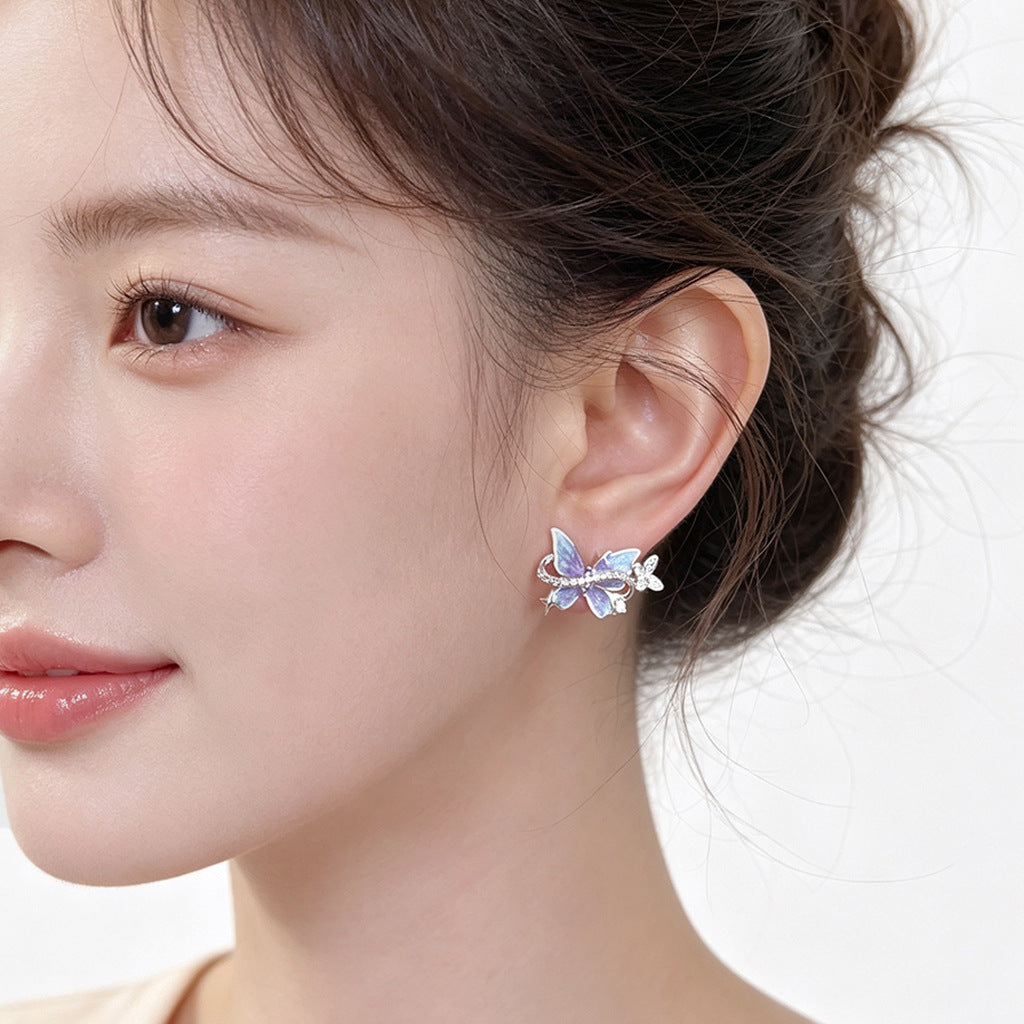 Dreamy Lavender Enamel Butterfly Stud Earrings, Gradient Paint Micro Pave Zircon Silver Needle Earrings, Dainty Purple Butterfly Jewelry for Women