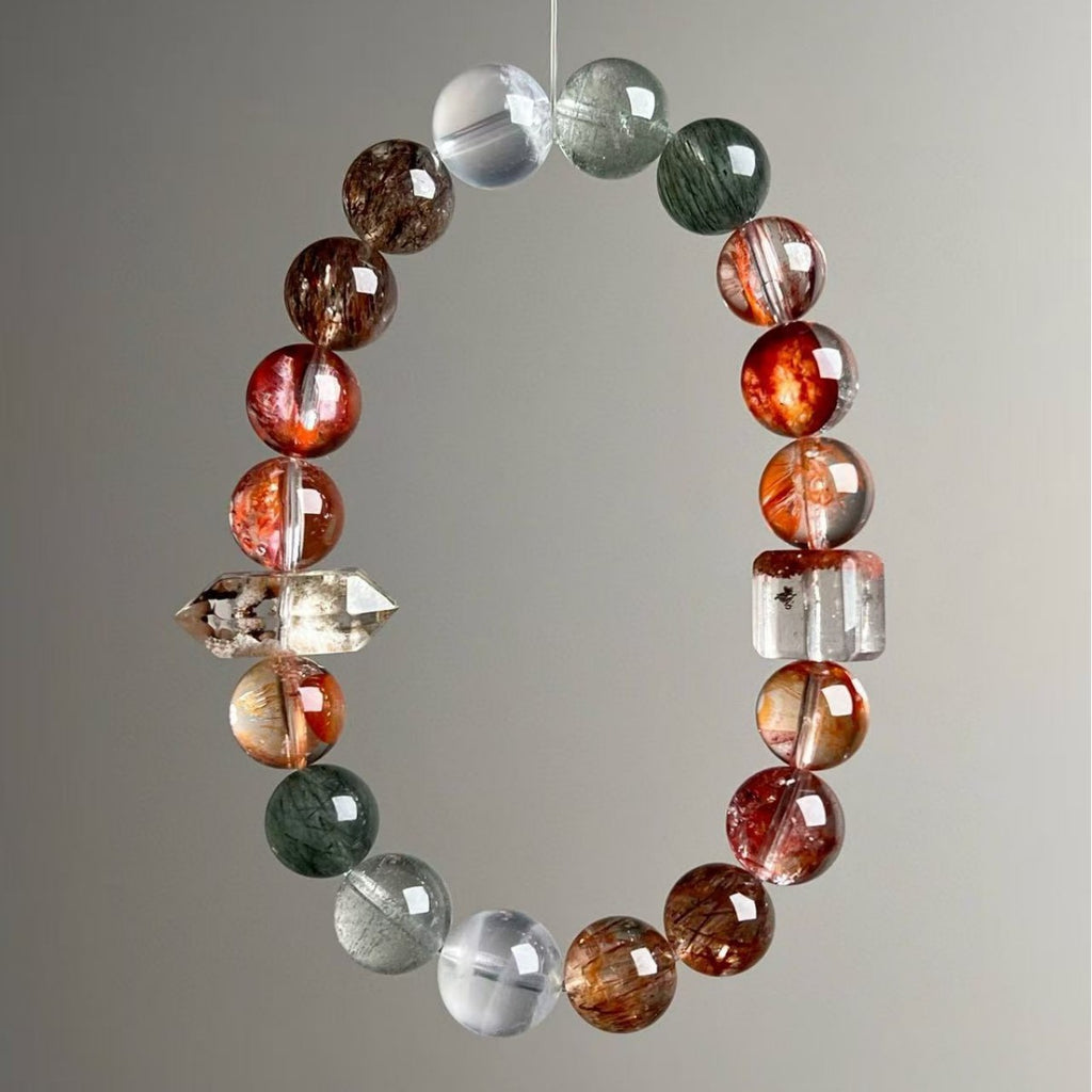 Natural Multi-Gemstone Rutilated Quartz Phantom Quartz Bracelet - View 3