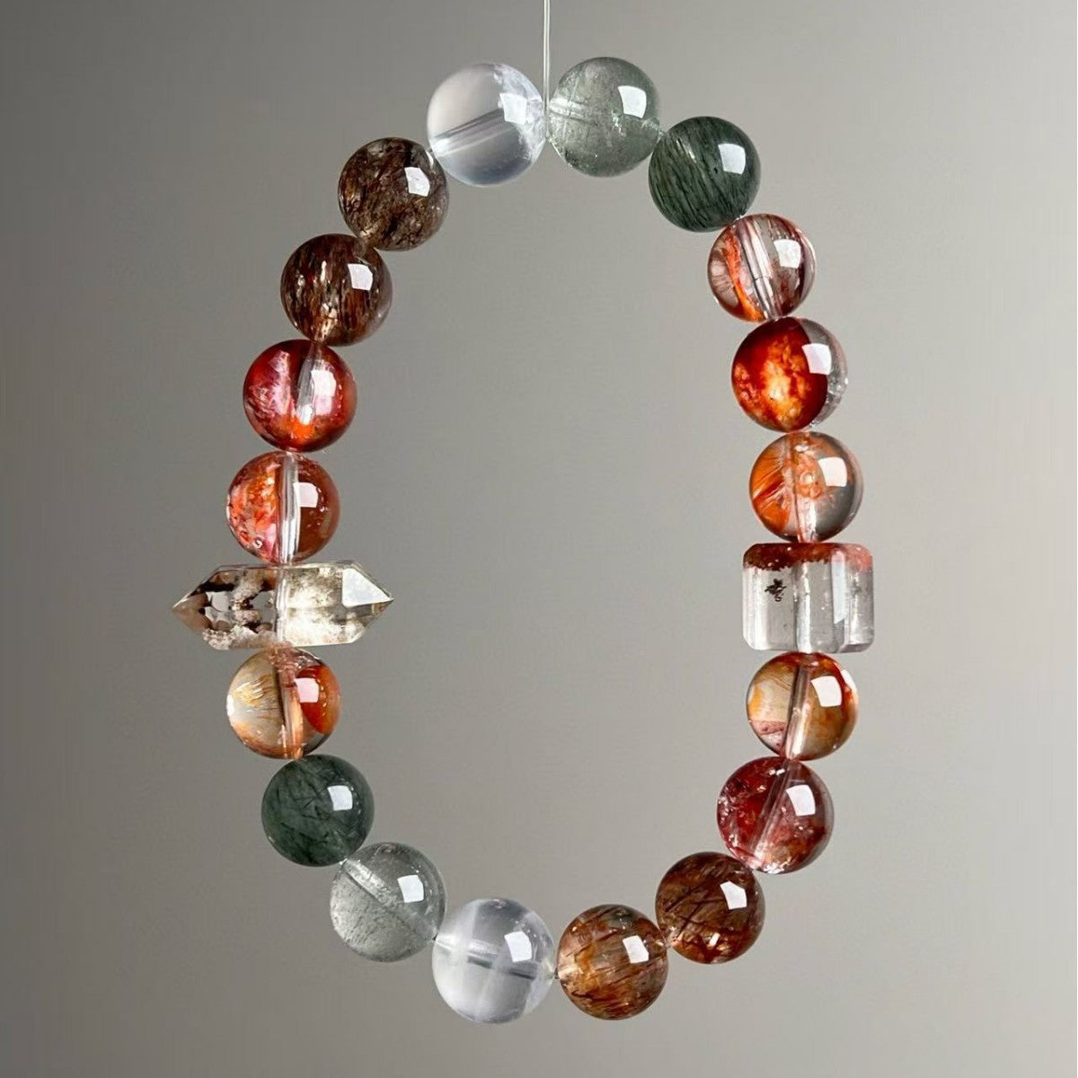 Natural Multi-Gemstone Rutilated Quartz Phantom Quartz Bracelet - View 3