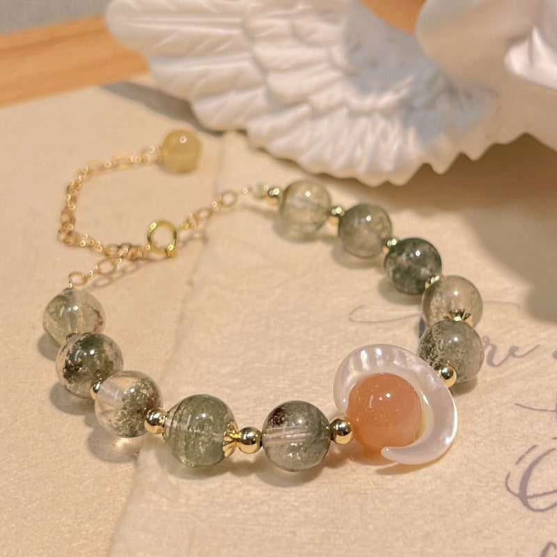 Dansenmonk Natural Green Phantom Golden Rutilated Quartz Bracelet with Orange Moonstone 14k Gold-Filled Moon Shell Charm Bracelet