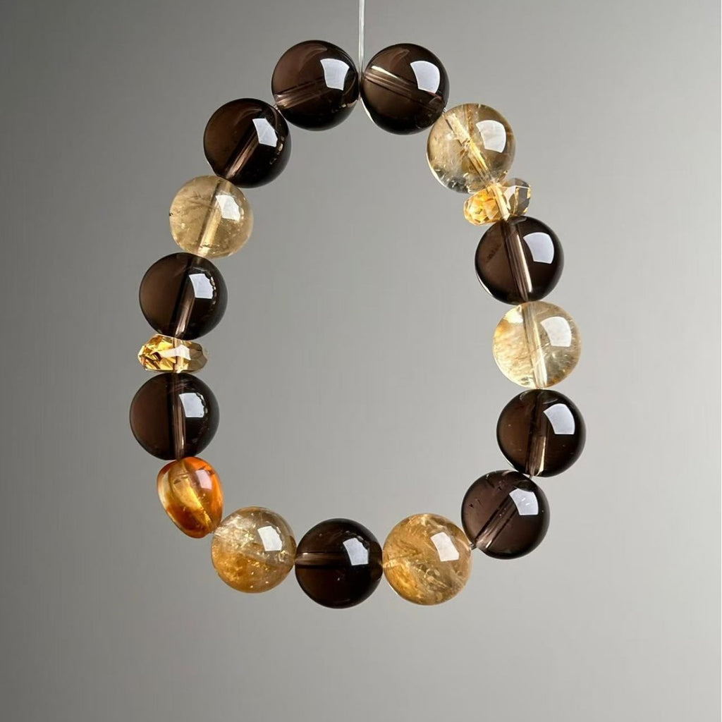 Natural Yellow Tower Crystal & Smoky Quartz Bracelet 12mm - View 3