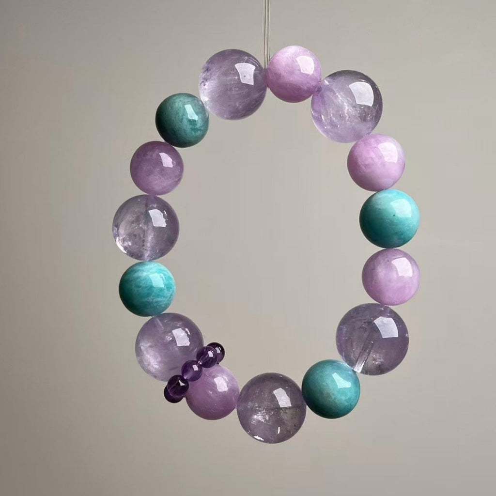 Mixed amethyst kunzite amazonite beaded bracelet in lavender and teal tones