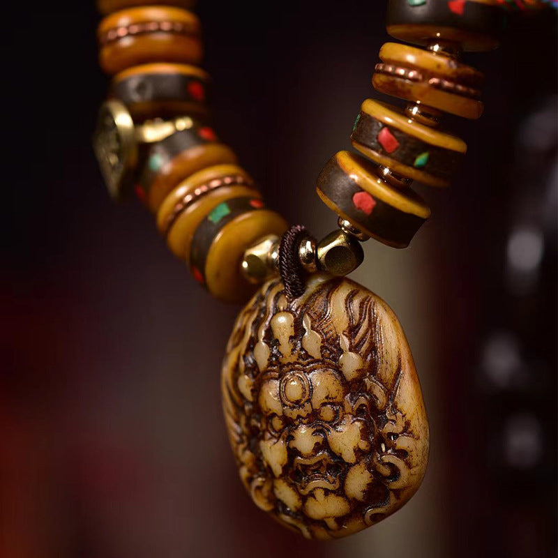 Tibetan Camel Bone Disc Bead Bracelet | Vintage Inlaid Copper & Turquoise Mala, Antique Retro Bone Prayer Bracelet for Men & Women