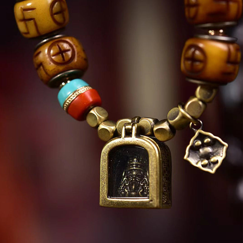 Tibetan Vintage Camel Bone Mala Bracelet, Carved Swastika Beads with Brass Gau Box Pendant, Retro Himalayan Prayer Bracelet