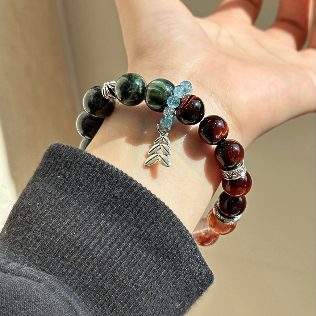 Dansenmonk Handmade Mixed Natural Crystal Bracelet  Green Rutilated Red Tiger Eye Red Phantom Green Chlorite Aquamarine Multi-Stone Healing Bracelet Premium Unique Spiritual Jewelry Gift