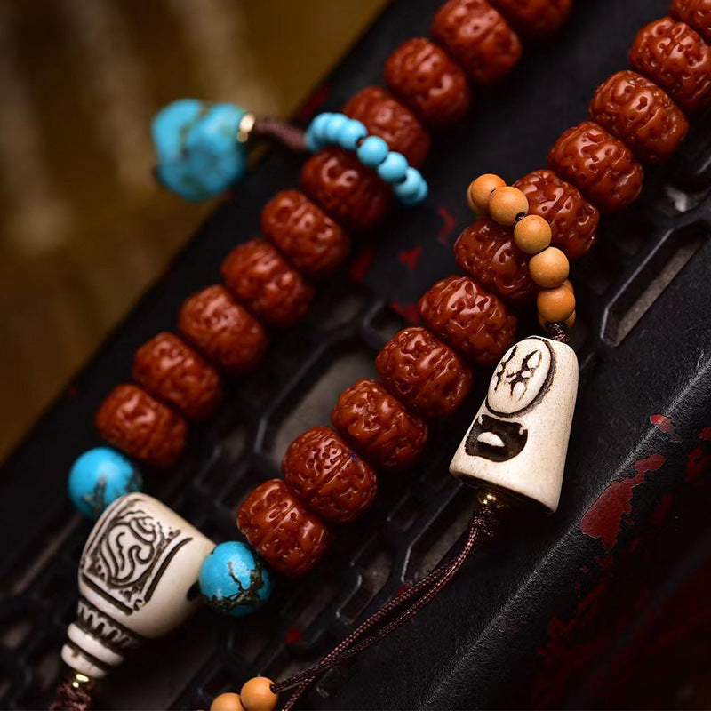 Dansenmonk Tibetan Double-Dragon 5-Petal Small Vajra Bodhi 108 Mala | Vintage Prayer Beads Necklace