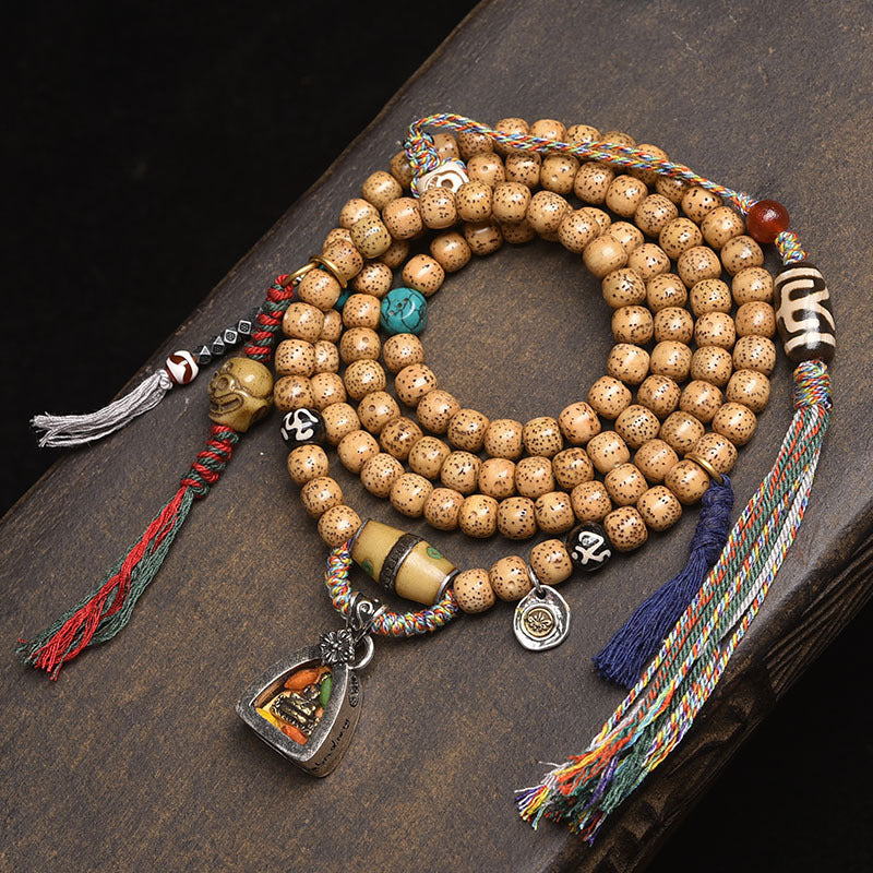 Dansenmonk Tibetan Butter Yellow Star Moon Bodhi 108 Mala | Ethnic Prayer Bead Necklace Bracelet
