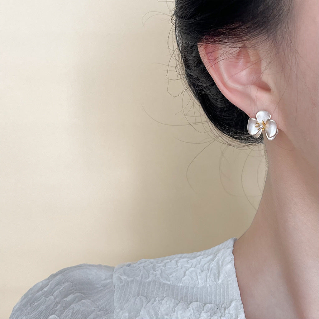 14K Gold Plated Phalaenopsis Flower Stud Earrings, Elegant Pearl Center Floral Earrings, Dainty Statement Earrings for Women Daily Office Wear