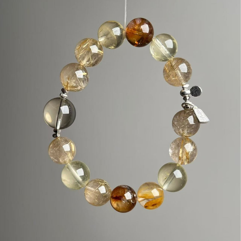 Natural Golden Rutilated Quartz Red-Yellow Phantom Crystal Bracelet 12mm - View 4