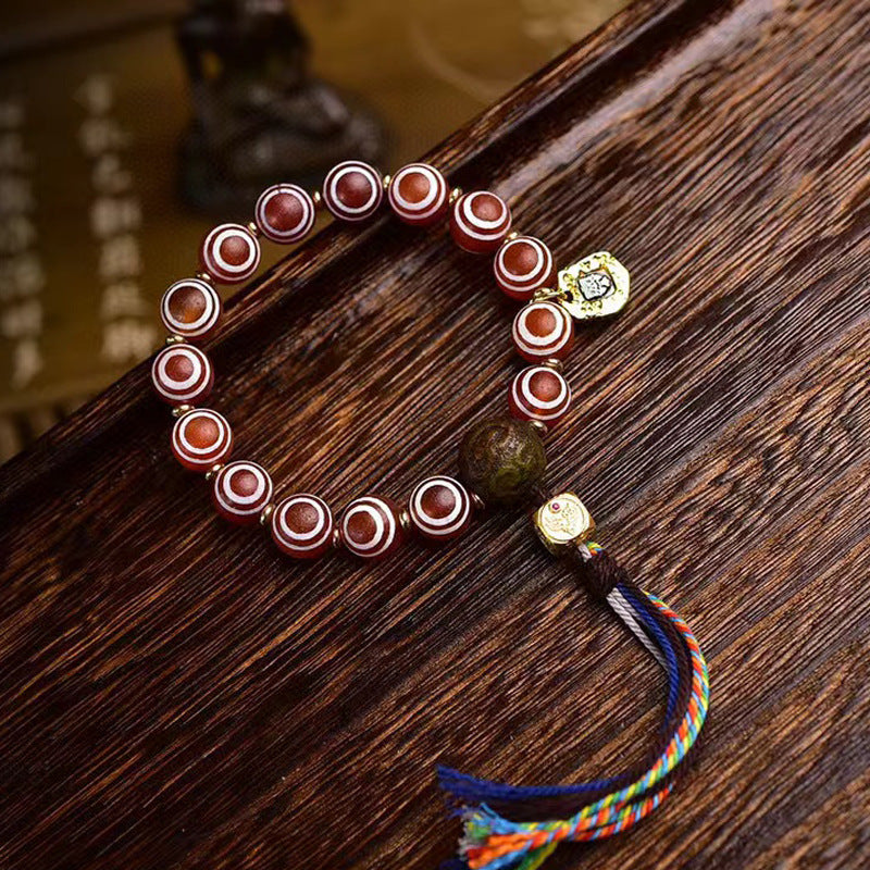 Natural Agate Medicine Buddha Eye Dzi Bead Bracelet | Tibetan Style Vintage Prayer Mala Single Strand