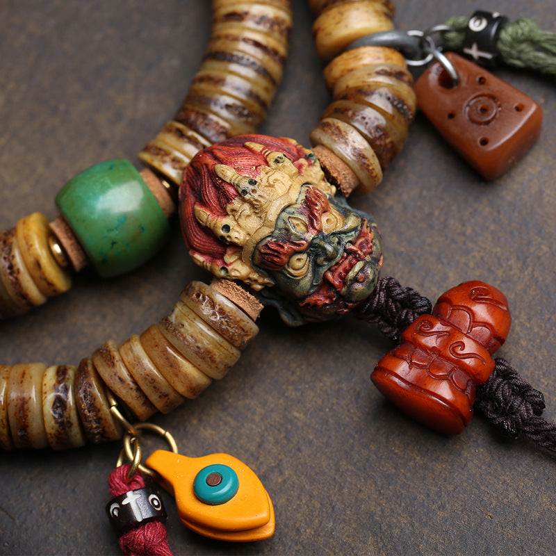 Dansenmonk Vintage Tibetan Camel Bone 108 Mala Bracelet with Mahakala Guru Bead, Root Carving & Yak Bone Pendants
