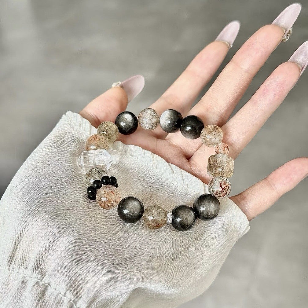 Dansenmonk Natural Black Phantom Crystal Bracelet Guardian Energy Stone for Scorpio Capricorn Career Wealth Healing Wrist Beads
