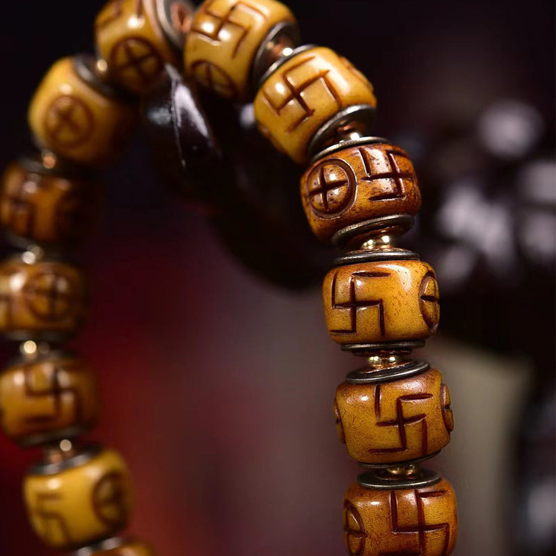 Tibetan Vintage Camel Bone Mala Bracelet, Carved Swastika Beads with Brass Gau Box Pendant, Retro Himalayan Prayer Bracelet