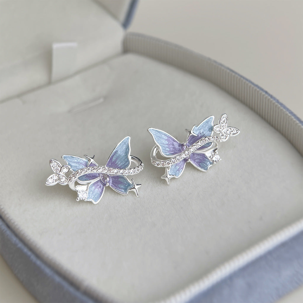 Dreamy Lavender Enamel Butterfly Stud Earrings, Gradient Paint Micro Pave Zircon Silver Needle Earrings, Dainty Purple Butterfly Jewelry for Women