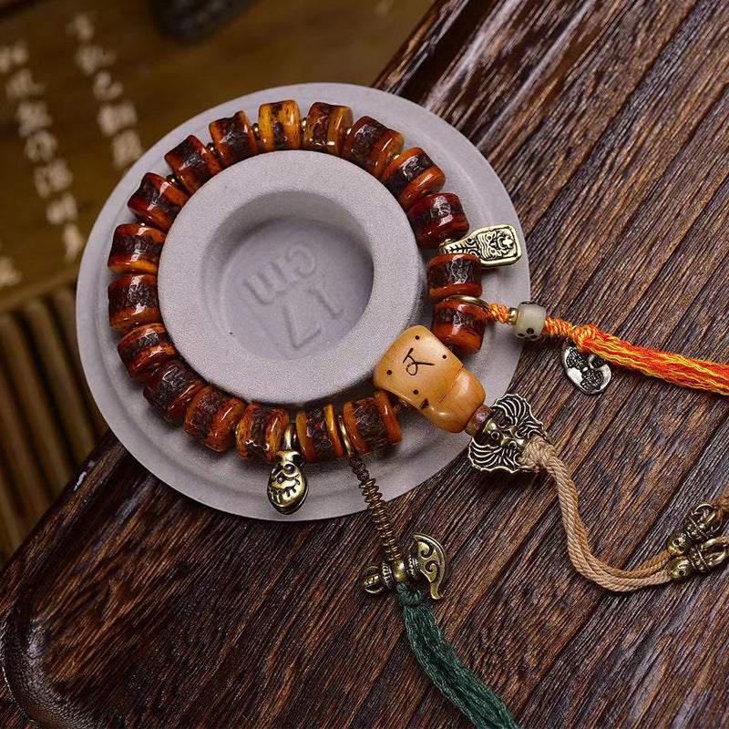 Tibetan Vintage Yak Bone Mala Bracelet  Aged Barrel Bead Prayer Beads with Bone Guru Bead & Brass Charms