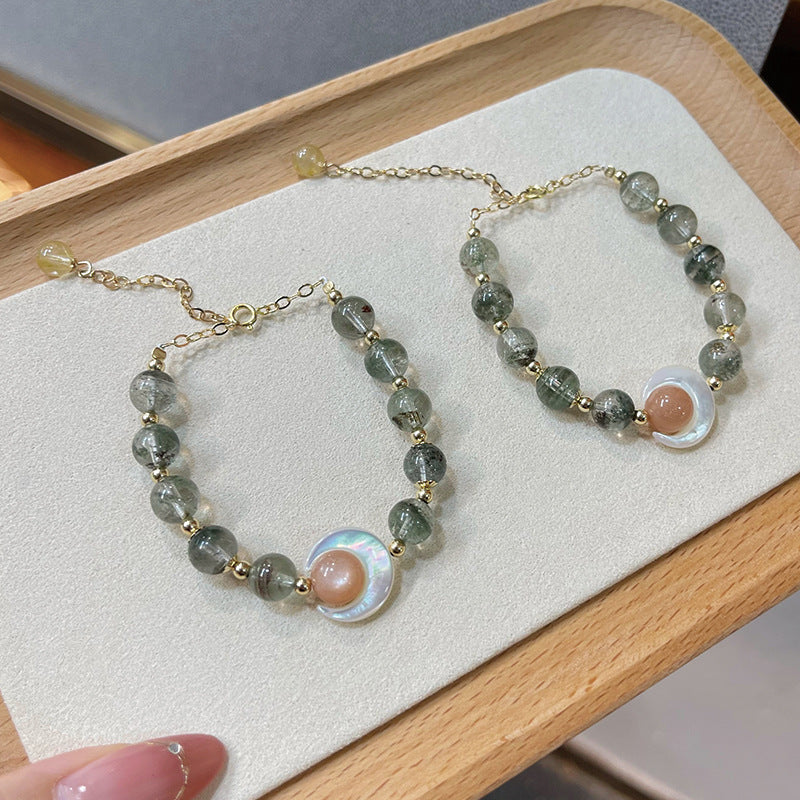Dansenmonk Natural Green Phantom Golden Rutilated Quartz Bracelet with Orange Moonstone 14k Gold-Filled Moon Shell Charm Bracelet