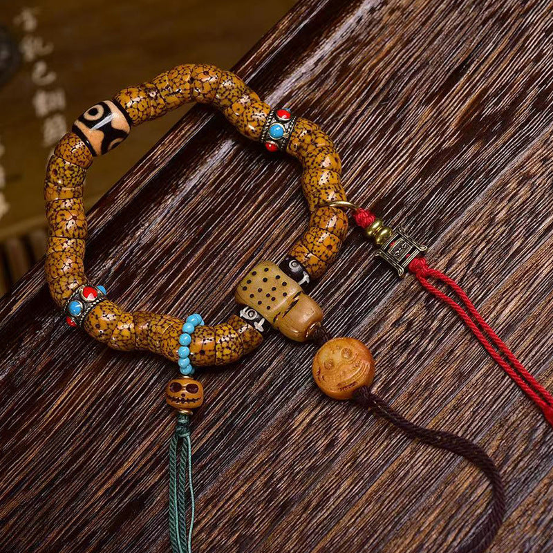 Natural Hainan Xinyue Bodhi Mala Bracelet | Vintage Crescent Moon Star Bodhi Tube Bead Tibetan Style Prayer Bracelet