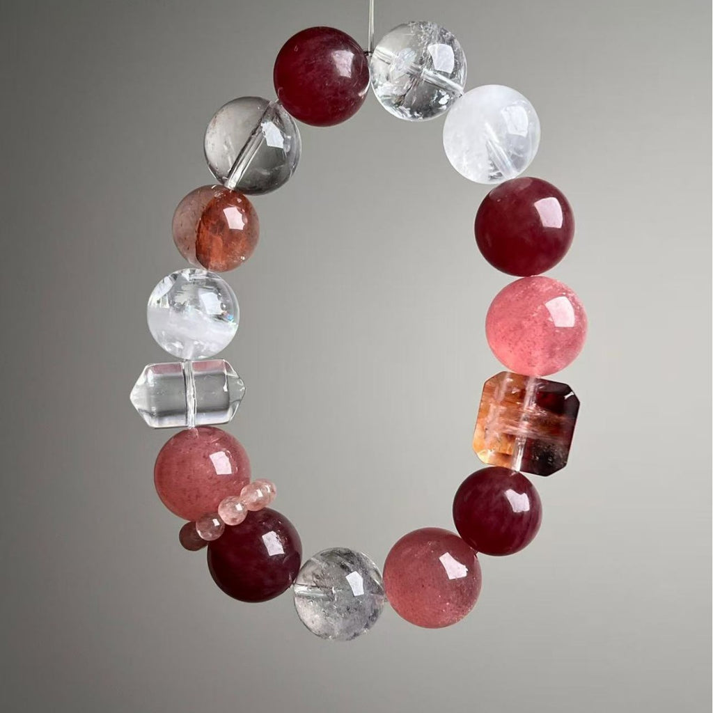 Dansenmonk Natural Red Phantom Strawberry Quartz Bracelet 12-14mm Cherry-Red Mixed Crystal Bracelet, Love Attraction Healing Crystal Jewelry for Women