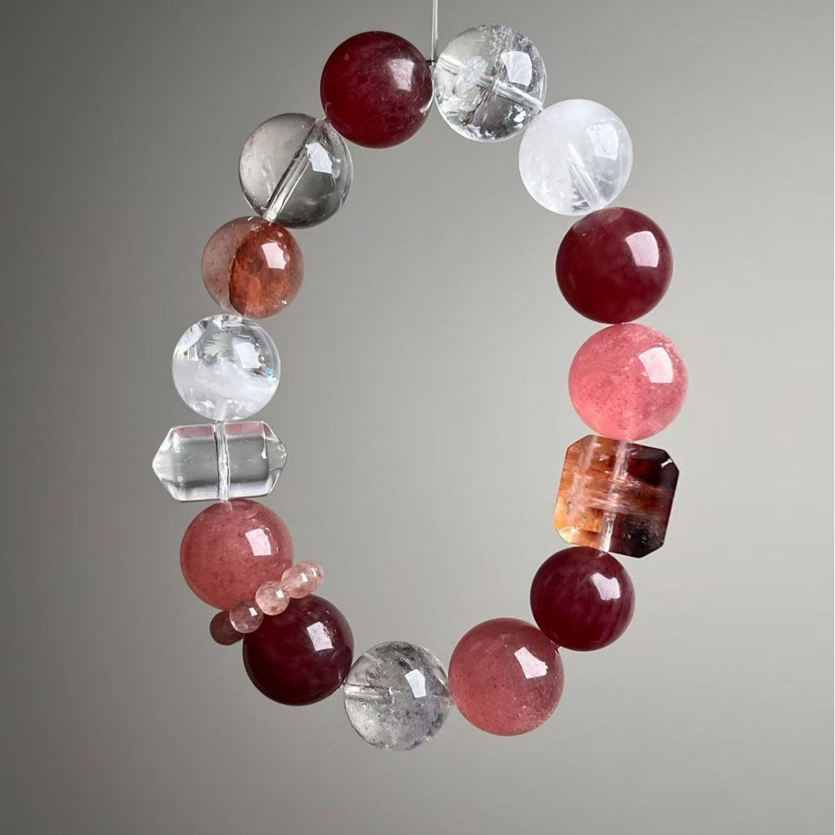 Dansenmonk Natural Red Phantom Strawberry Quartz Bracelet 12-14mm Cherry-Red Mixed Crystal Bracelet, Love Attraction Healing Crystal Jewelry for Women