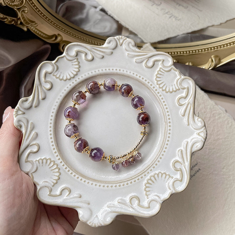 Dansenmonk Natural Purple Phantom Quartz Bracelet for Women | Luxury Crystal Beaded Bangle with Gold Charm