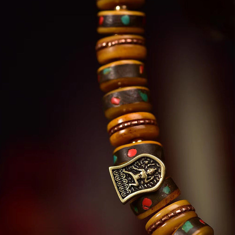 Tibetan Camel Bone Disc Bead Bracelet | Vintage Inlaid Copper & Turquoise Mala, Antique Retro Bone Prayer Bracelet for Men & Women