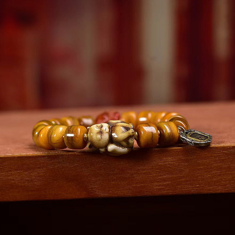 Tibetan Vintage Camel Bone Mala Bracelet | Dzi Bead, Agate & Fox Bone Charm, Single Loop Prayer Bracelet 10*8mm