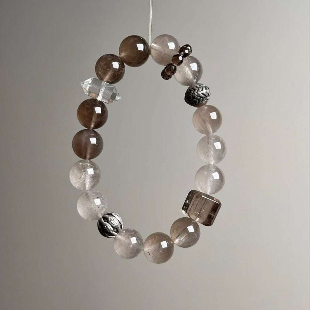 Vintage Grey Rabbit Hair & Smoky Quartz Crystal Bracelet - View 4