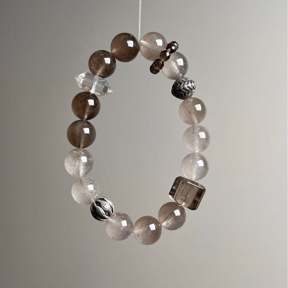 Vintage Grey Rabbit Hair & Smoky Quartz Crystal Bracelet - View 4