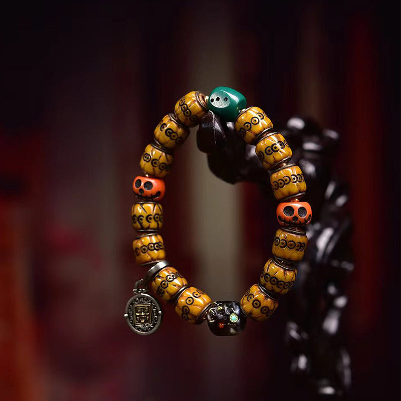 Tibetan Collected Yak Bone Barrel Bead Bracelet, Hand Carved Citipati Skull Mala with Silver Inlay, Vintage Himalayan Single Loop Prayer Bracelet
