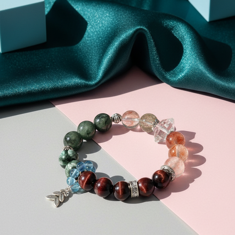 Dansenmonk Handmade Mixed Natural Crystal Bracelet  Green Rutilated Red Tiger Eye Red Phantom Green Chlorite Aquamarine Multi-Stone Healing Bracelet Premium Unique Spiritual Jewelry Gift