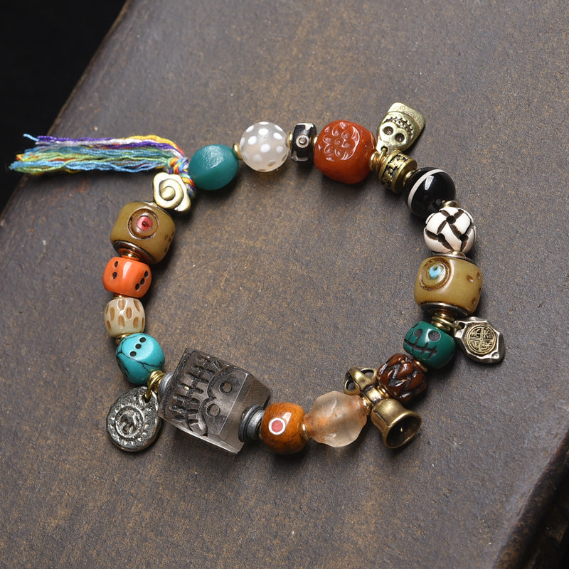 Dansenmonk Tibetan Vintage Returned Bone Multi-Gem Bracelet | 16 Beads Handcrafted Yak Bone & Camel Bone Mala