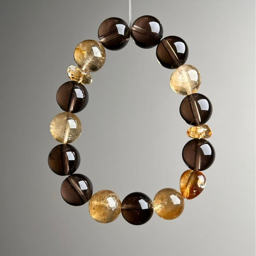 Natural Yellow Tower Crystal & Smoky Quartz Bracelet 12mm - View 4