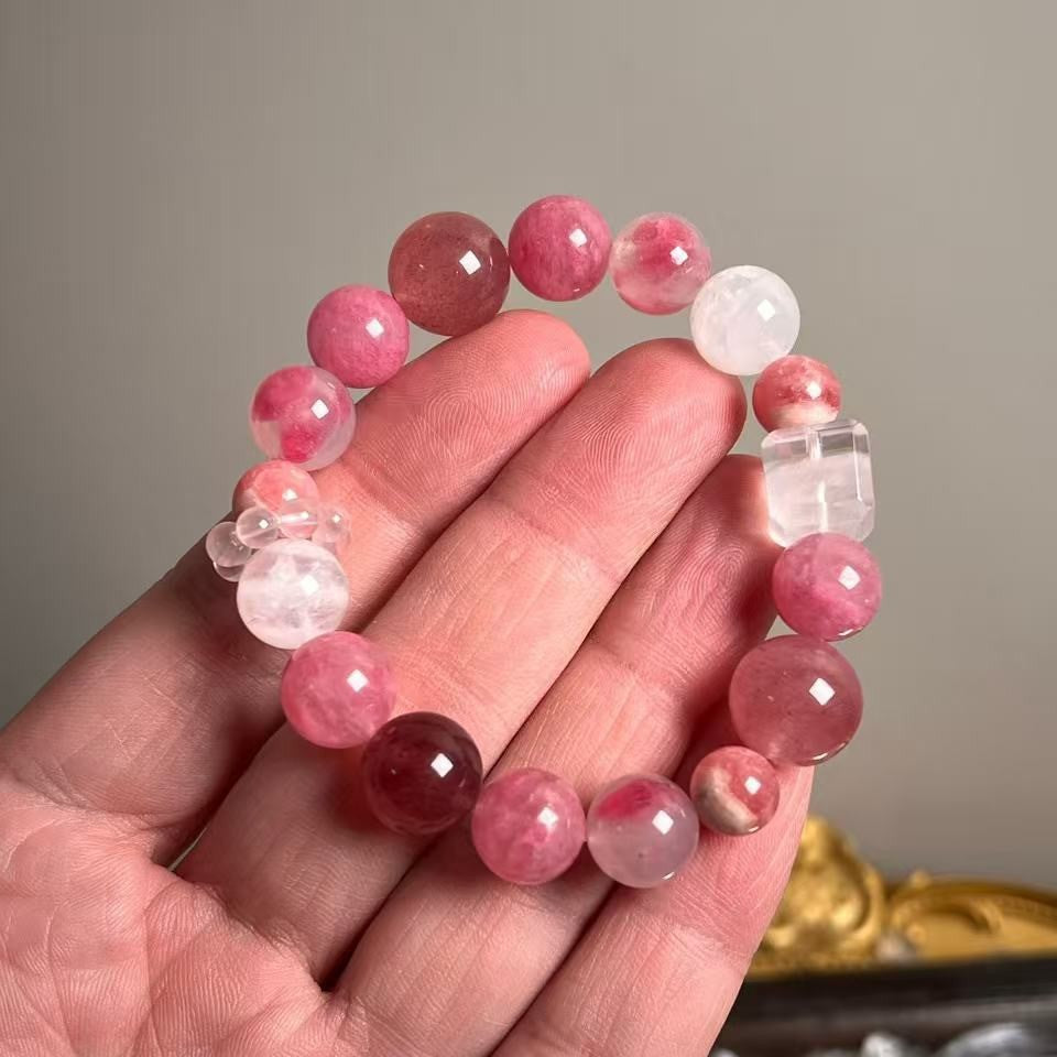 Dansenmonk Natural Rhodochrosite Crystal Bracelet 9–12mm Beads with Phantom Quartz Cube